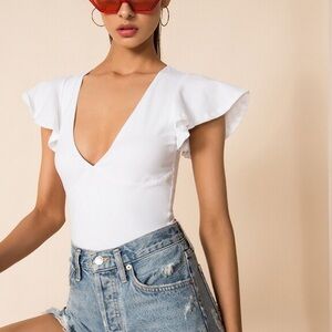 superdown White Flutter Sleeve Bodysuit